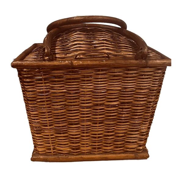 Antique Other - Antique Picnic Basket Woven Wood Wicker Market Handle Primitive Handmade Shoppin